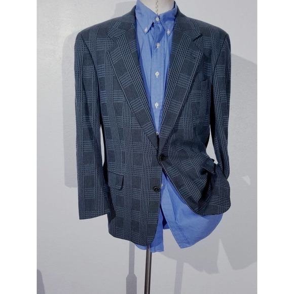 Vintage Hugo Boss 3D Tweed Squares Blue / Gray Jacket Blazer Sport Coat 50 40R
